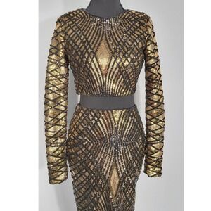 Marciano Gold Sequin Long Sleeve Crop Top & Midi Skirt Set Party Cocktail